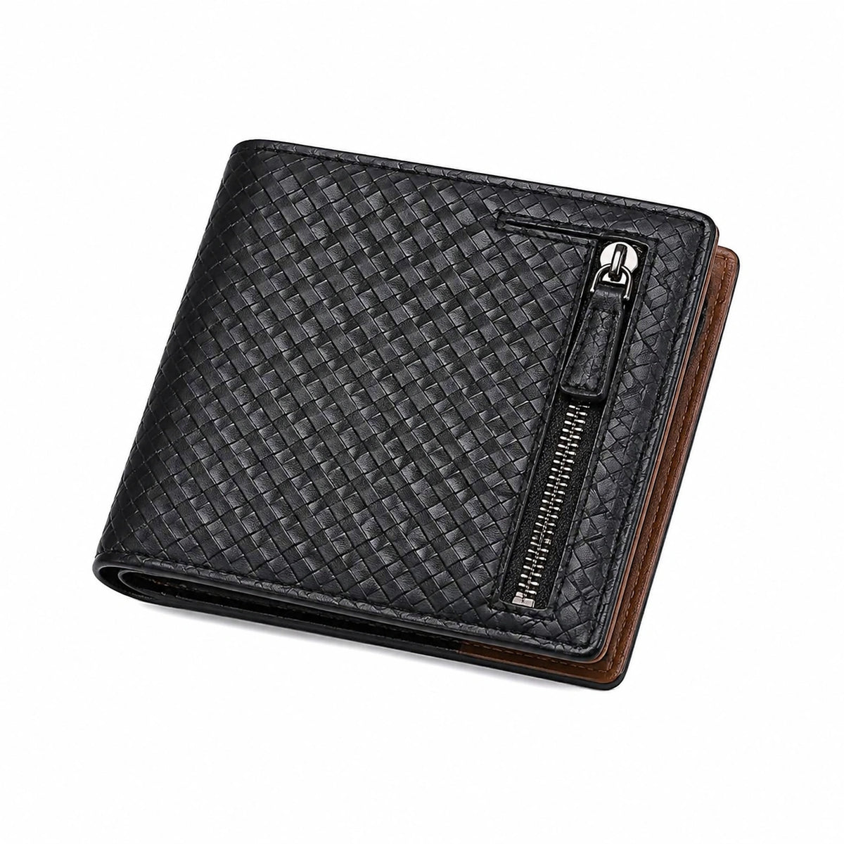Portefeuille homme 12 x 10 x 2 cm en matière synthétique noir marron tressé avec fermeture zippée