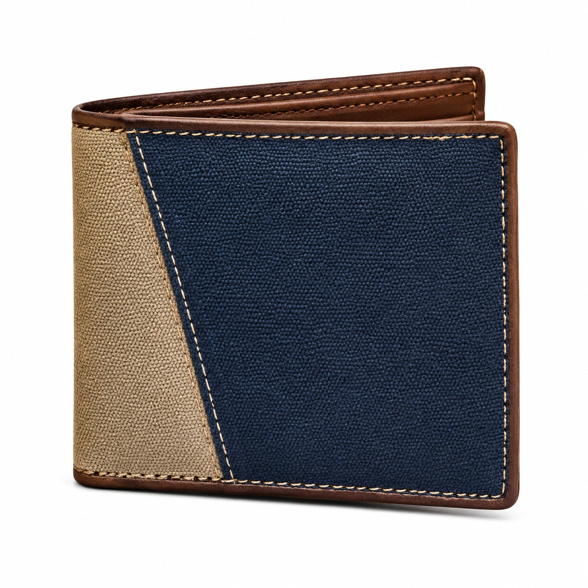 Portefeuille 11 x 9 x 2 cm textile bleu marine beige bordure marron style bicolore