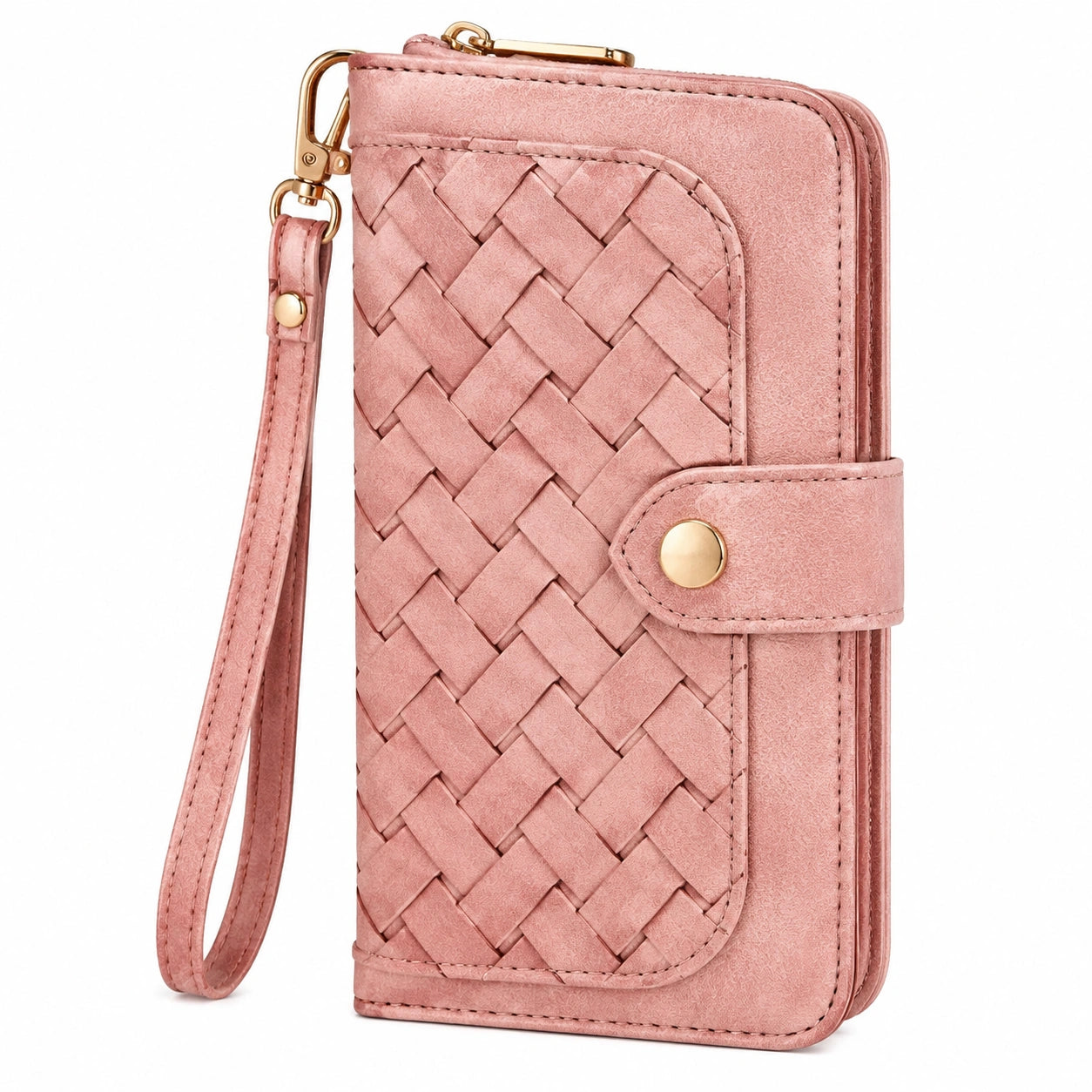 Portefeuille femme 19 x 10 x 3 cm en similicuir rose tressé avec dragonne