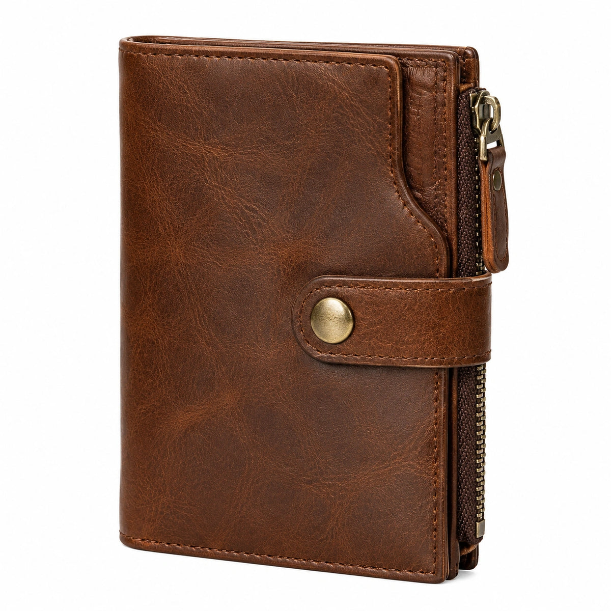 Portefeuille 12 x 10 x 3 cm en cuir marron avec fermeture zippée