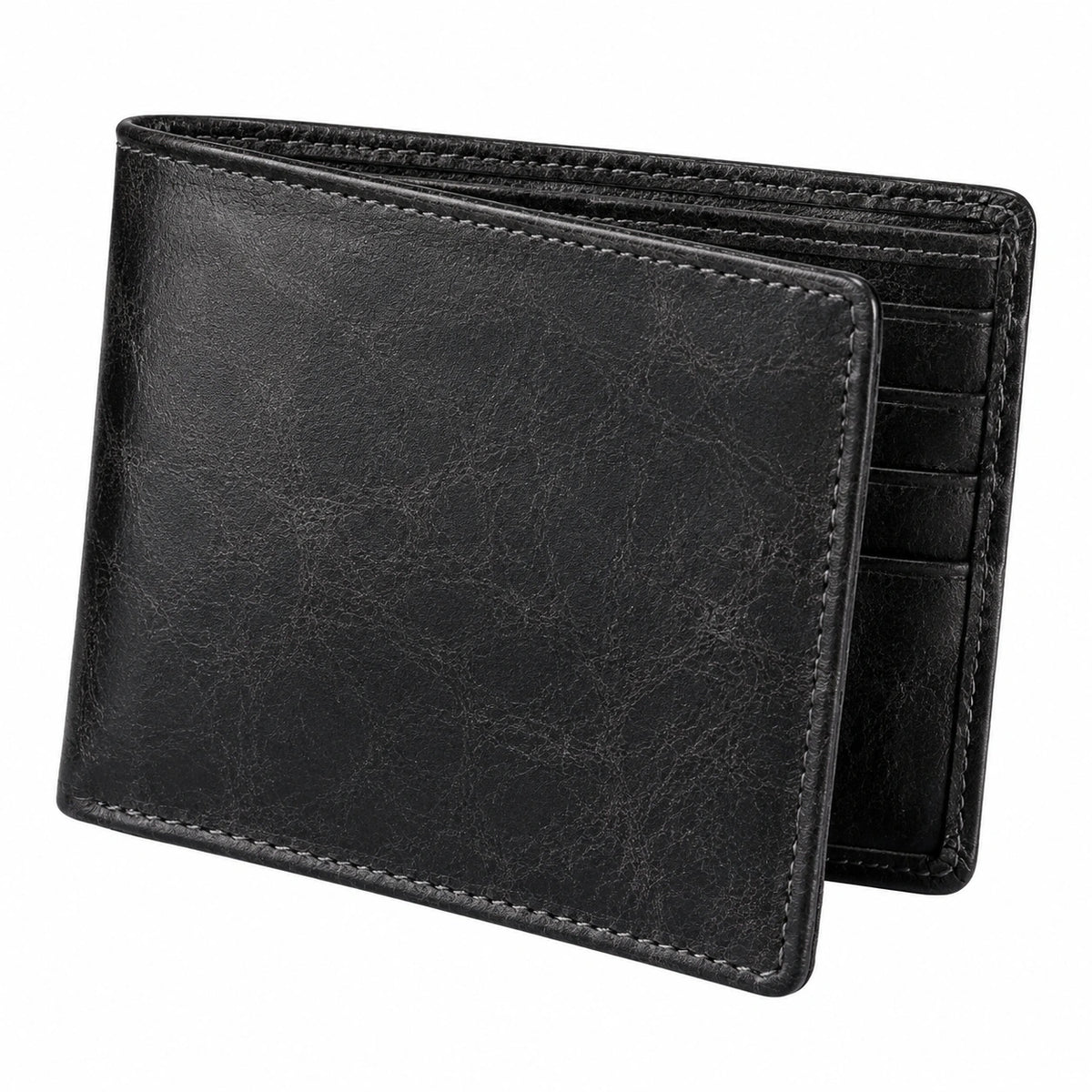 Portefeuille pliant 11.5 x 9.5 x 2 cm en cuir noir avec compartiments pour cartes