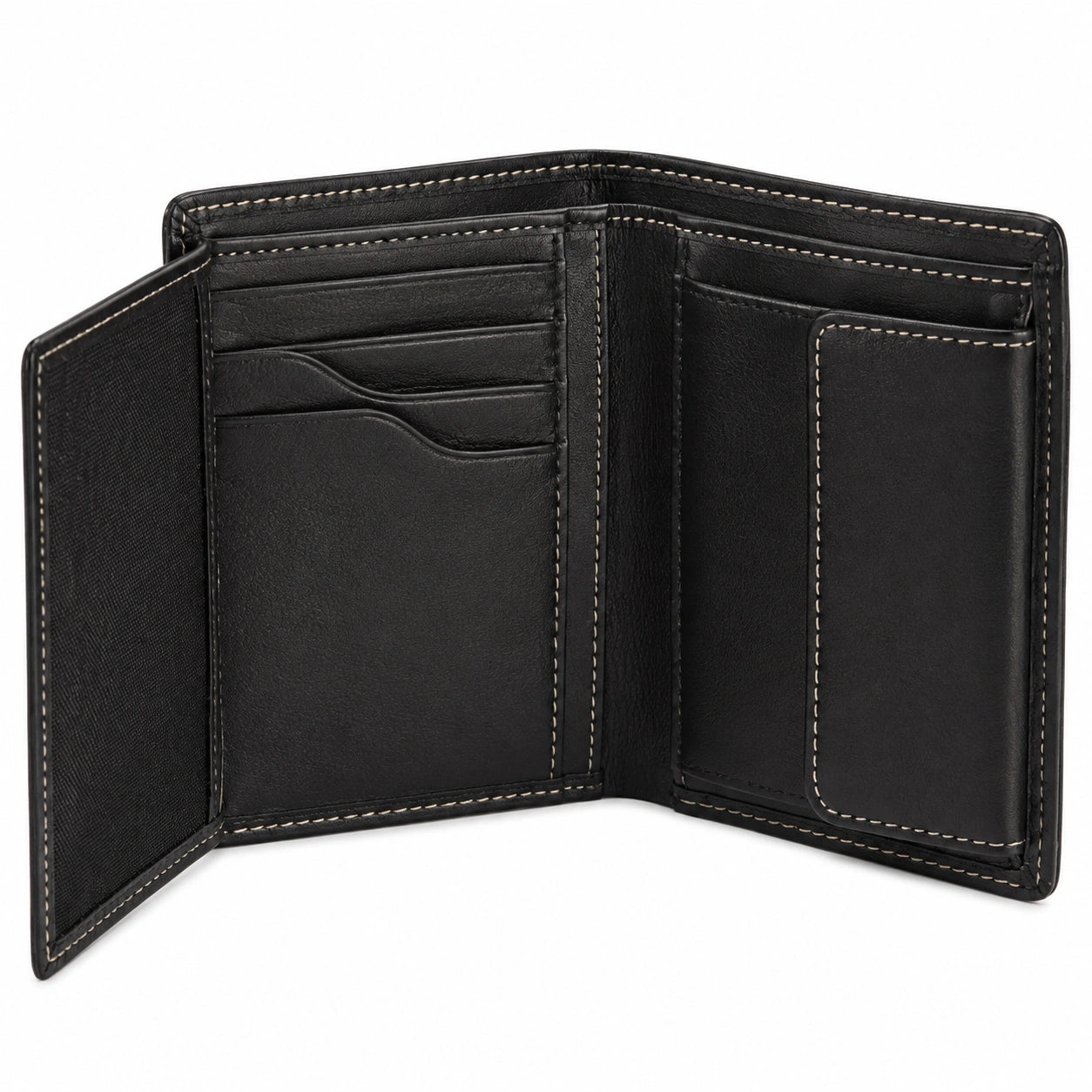 Portefeuille pliant 11 x 9.5 cm en matière synthétique aspect cuir noir à coutures contrastées