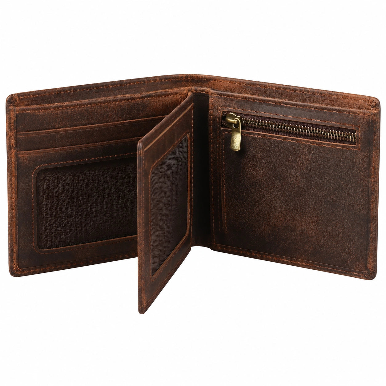 Portefeuille pliant 12 x 9.5 cm en cuir brun avec poche zippée