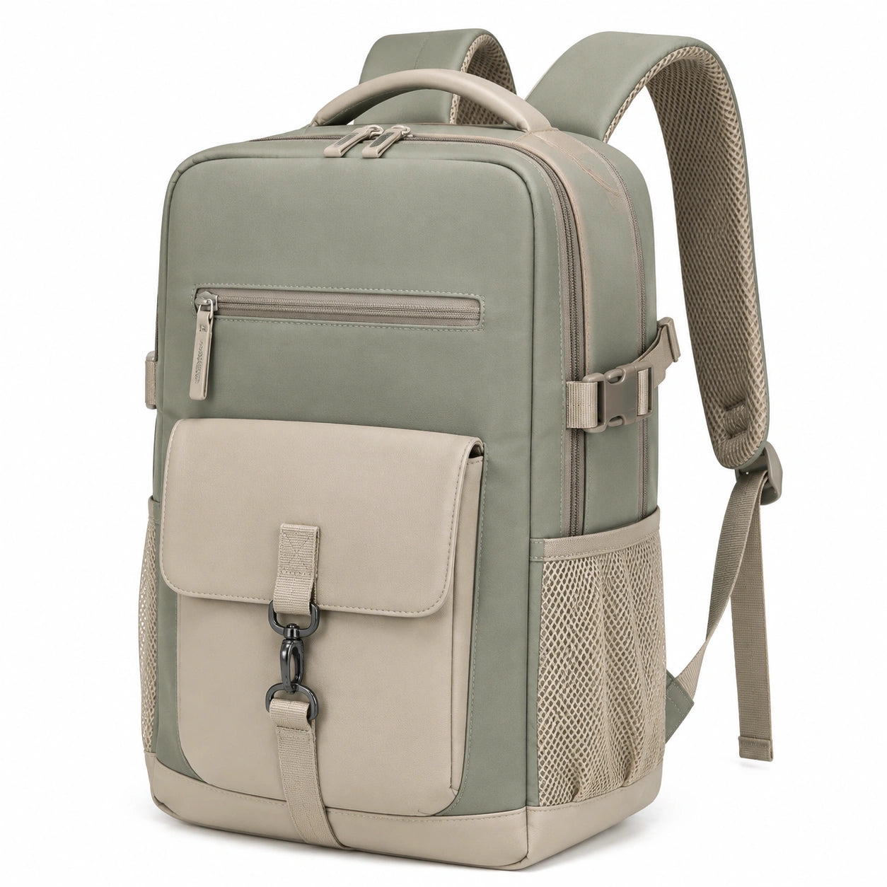 Sac à dos 30 x 18 x 42 cm en tissu synthétique vert kaki et beige à compartiments pour quotidien