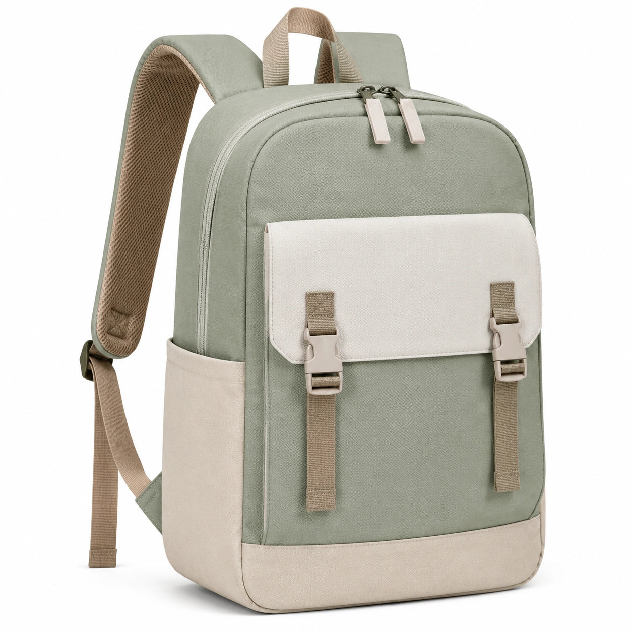 Sac à dos 30 x 14 x 40 cm textile vert sauge et beige pour usage quotidien