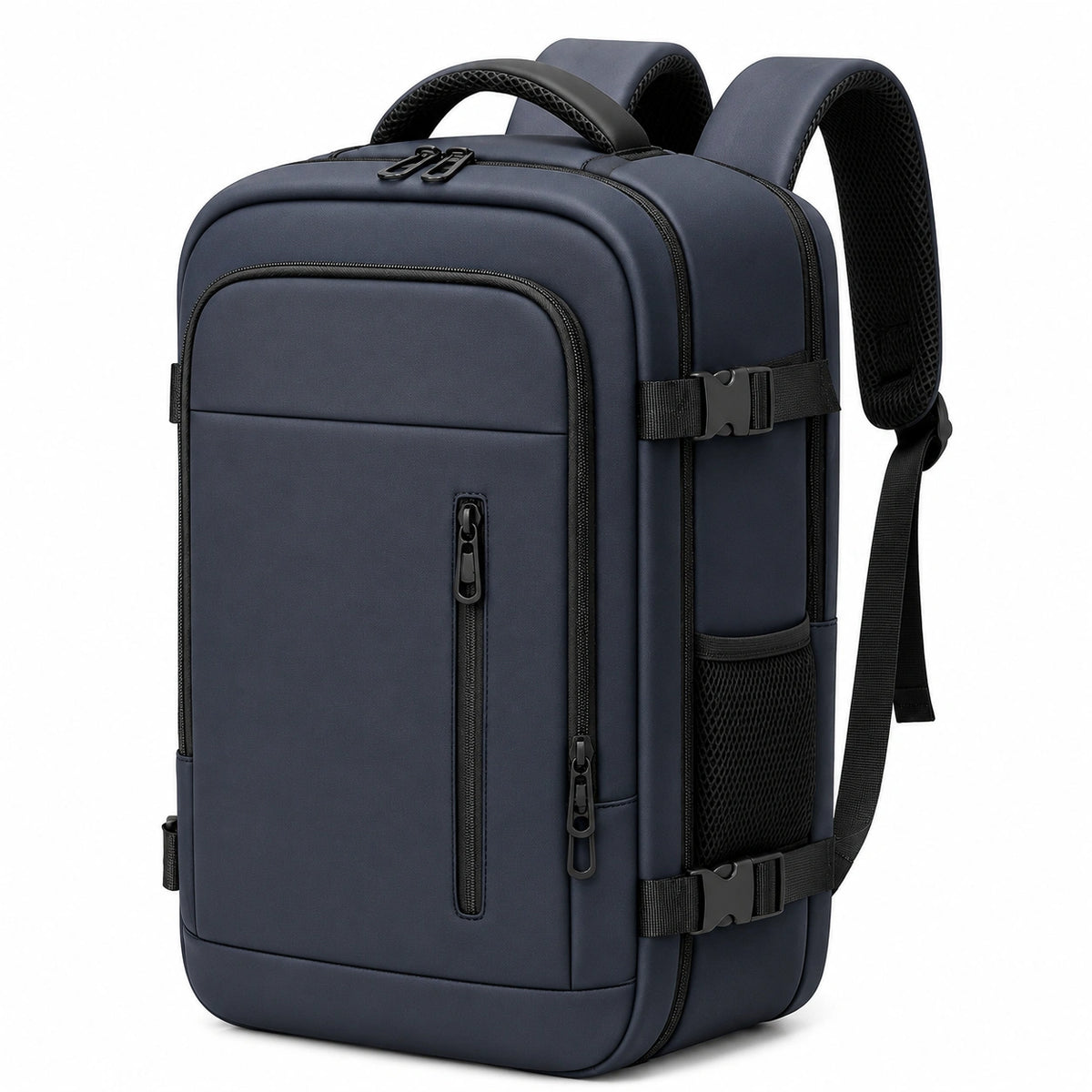 Sac à dos 45 x 30 x 18 cm en textile synthétique bleu marine avec compartiments zippés pour voyage
