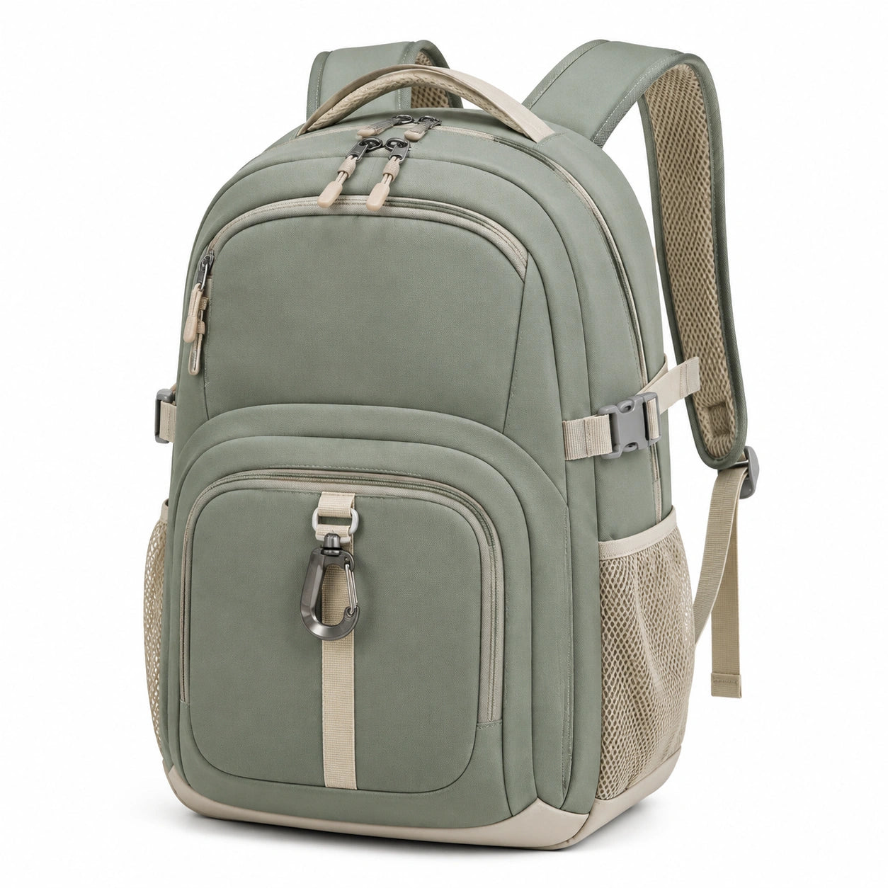 Sac à dos 30 x 18 x 42 cm en polyester vert sauge pour quotidien avec compartiments zippés