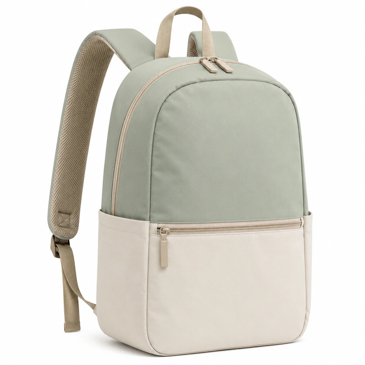 Sac à dos 42 x 29 x 14 cm en polyester vert sauge et beige à compartiments zippés pour quotidien
