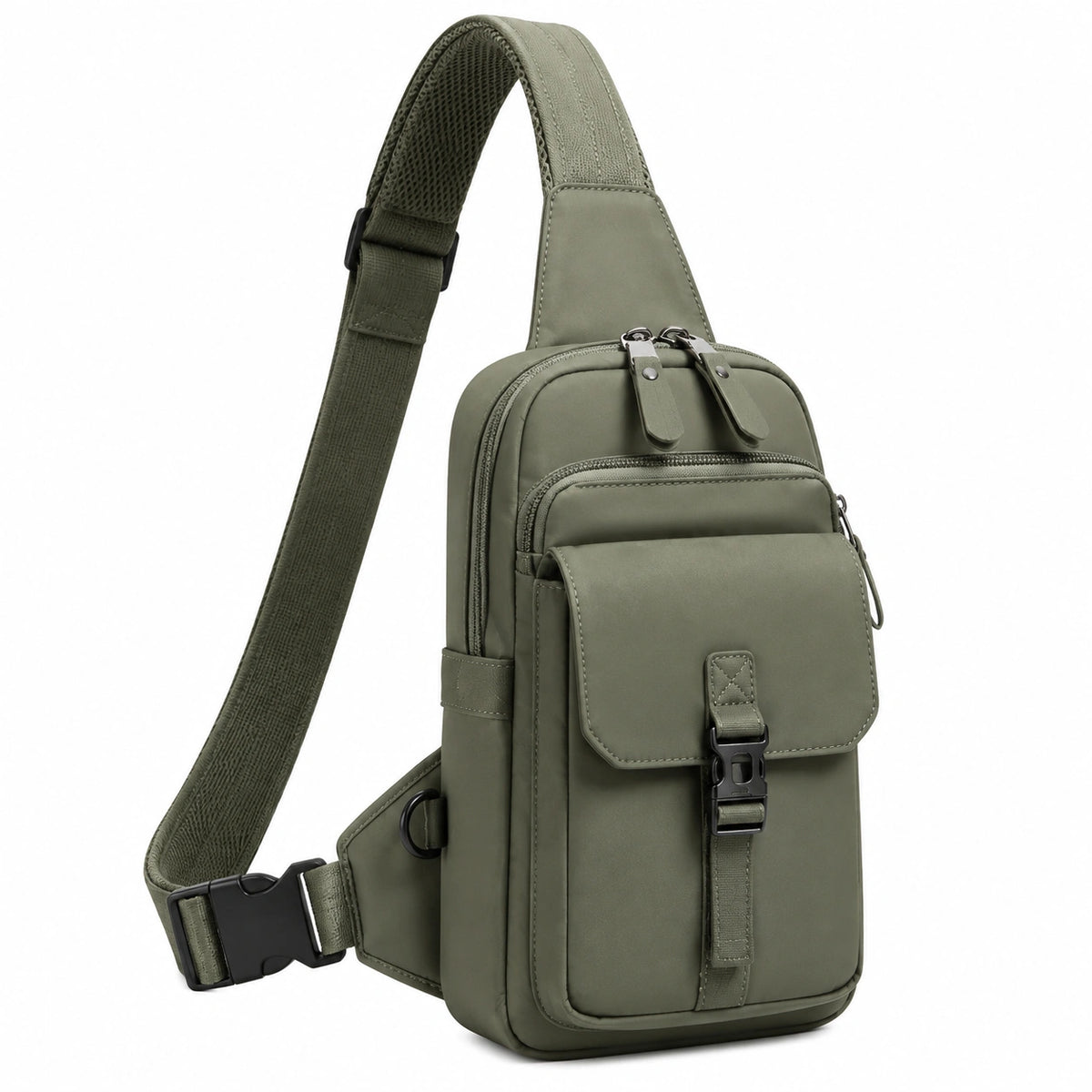 Sac bandoulière poitrine 18 x 8 x 30 cm textile synthétique vert kaki avec rangement multipoche