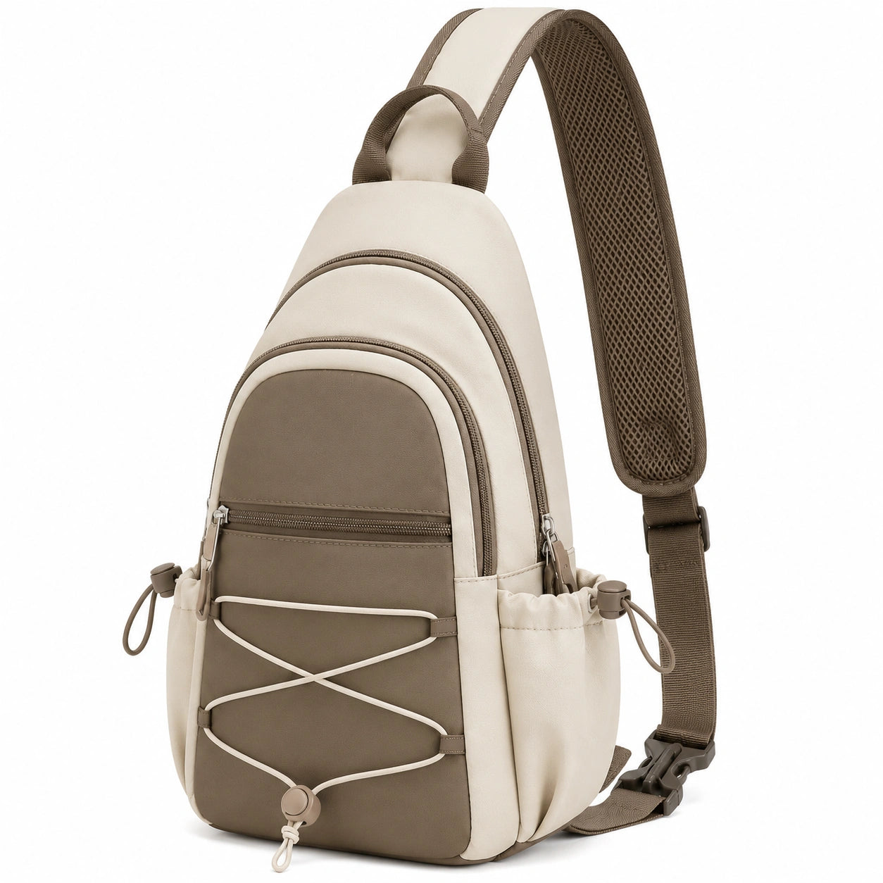 Sac à dos bandoulière 18 x 10 x 32 cm en textile beige et marron pour déplacements urbains avec poches zippées