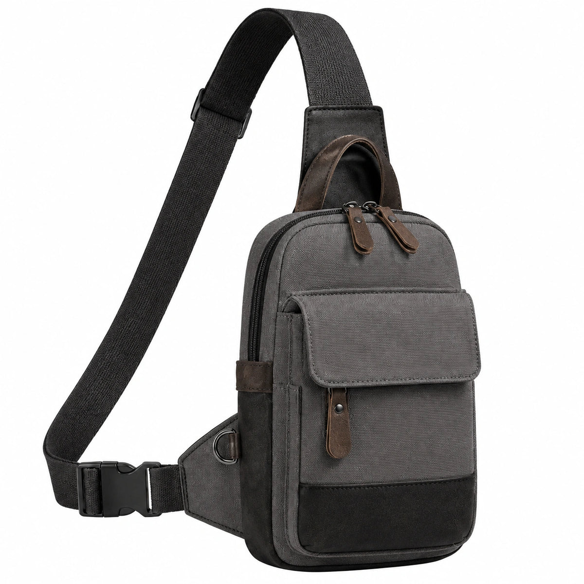 Sac bandoulière 18 x 8 x 32 cm en tissu gris noir avec détails marron style urbain à compartiments