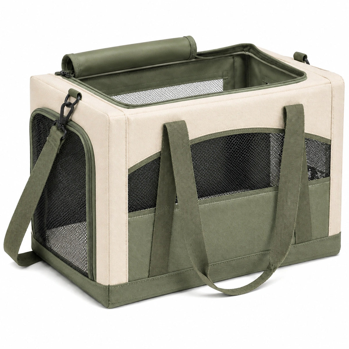 Sac de transport pour animal 45 x 28 x 30 cm en tissu beige et vert avec maille respirante