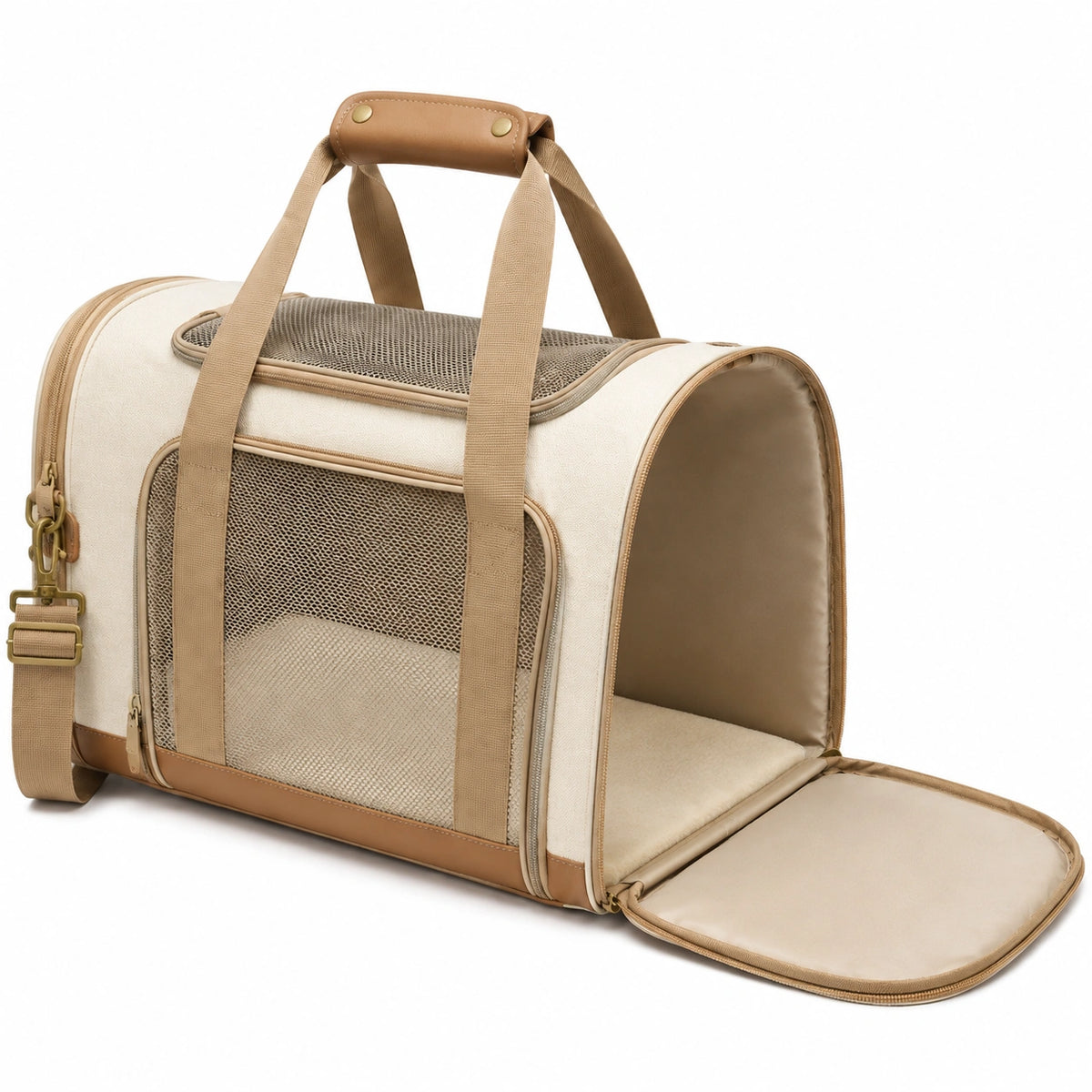 Sac de transport pour animaux 45 x 28 x 30 cm textile beige avec maille et bandoulière