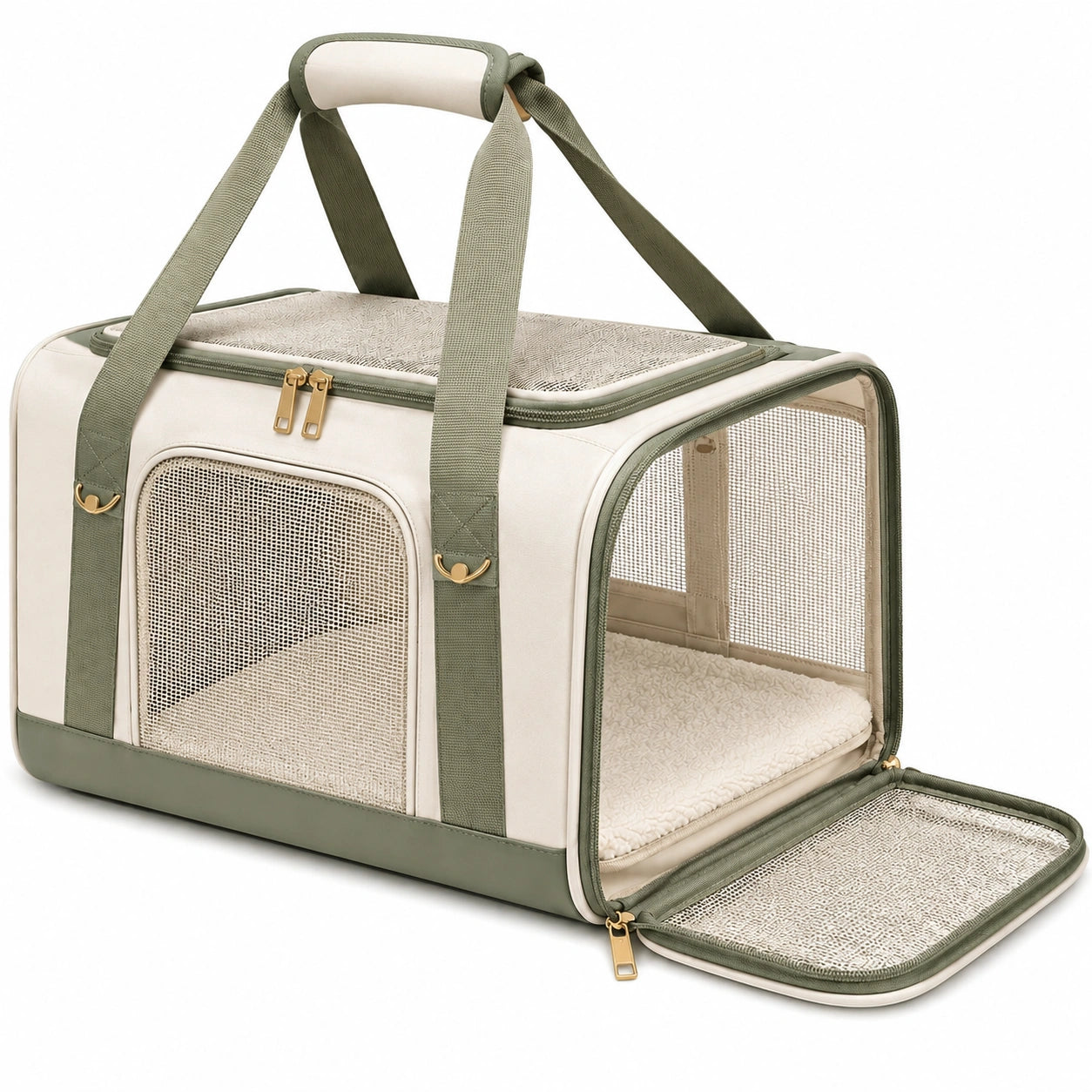 Sac de transport pour animaux 45 x 30 x 30 cm en tissu beige et vert avec panneaux en maille et ouverture zippée
