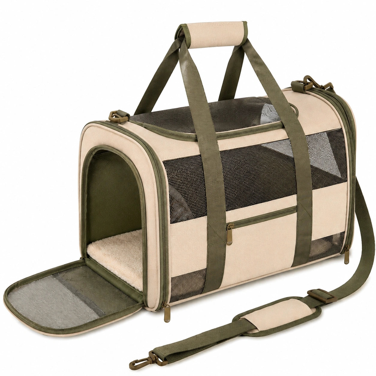 Sac de transport pour animaux 45 x 28 x 28 cm en polyester beige et vert avec maille portable