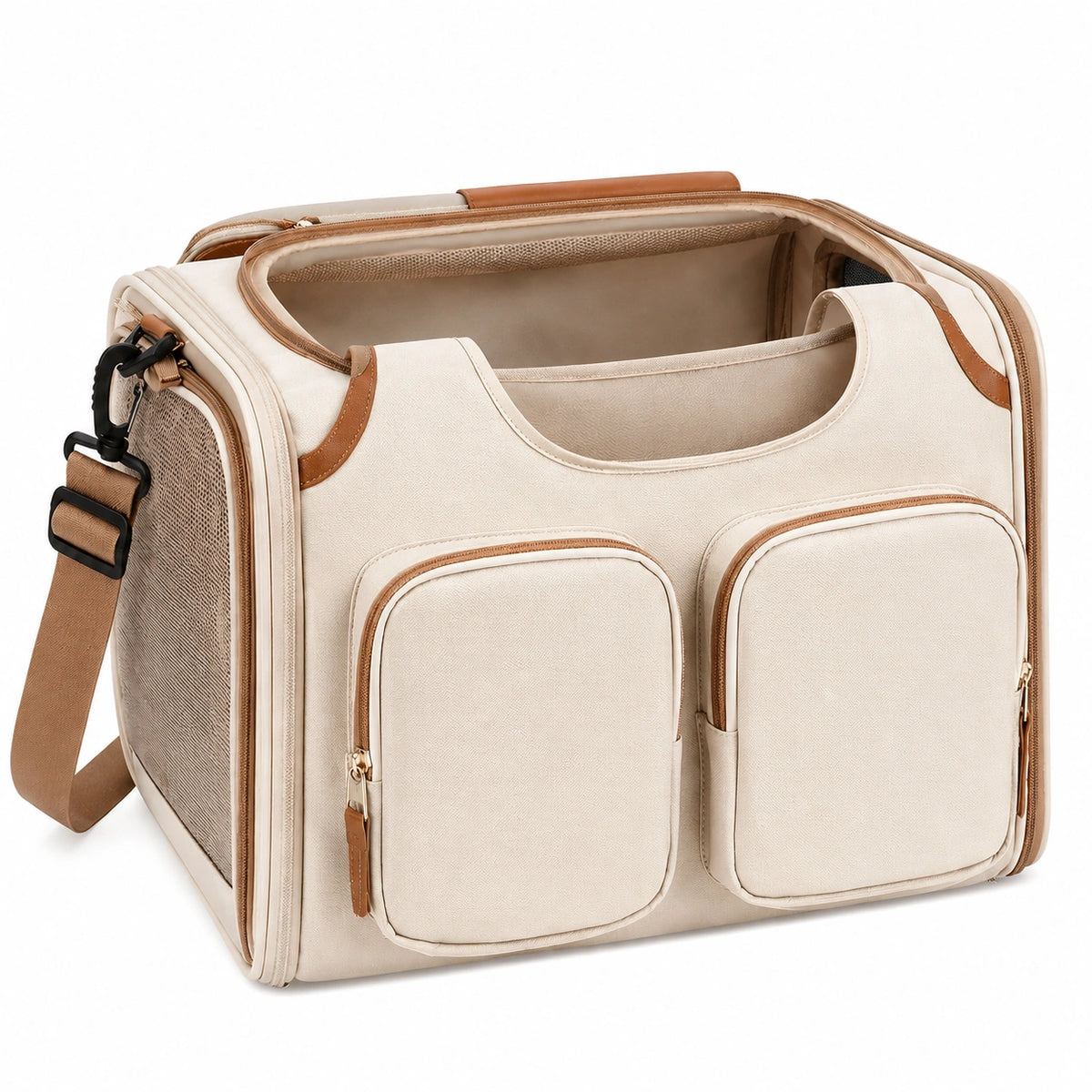 Sac de transport pour animal 45 x 28 x 30 cm en textile crème et marron avec bandoulière et panneaux en maille