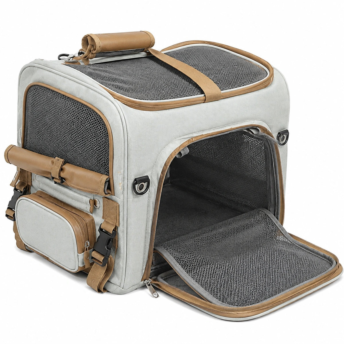 Sac de transport pour animal 45 x 30 x 30 cm en tissu gris et beige avec maille respirante pliable