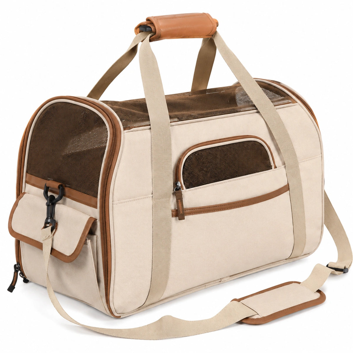 Sac de transport pour animaux 45 x 28 x 30 cm en tissu beige et marron avec fenêtres en maille