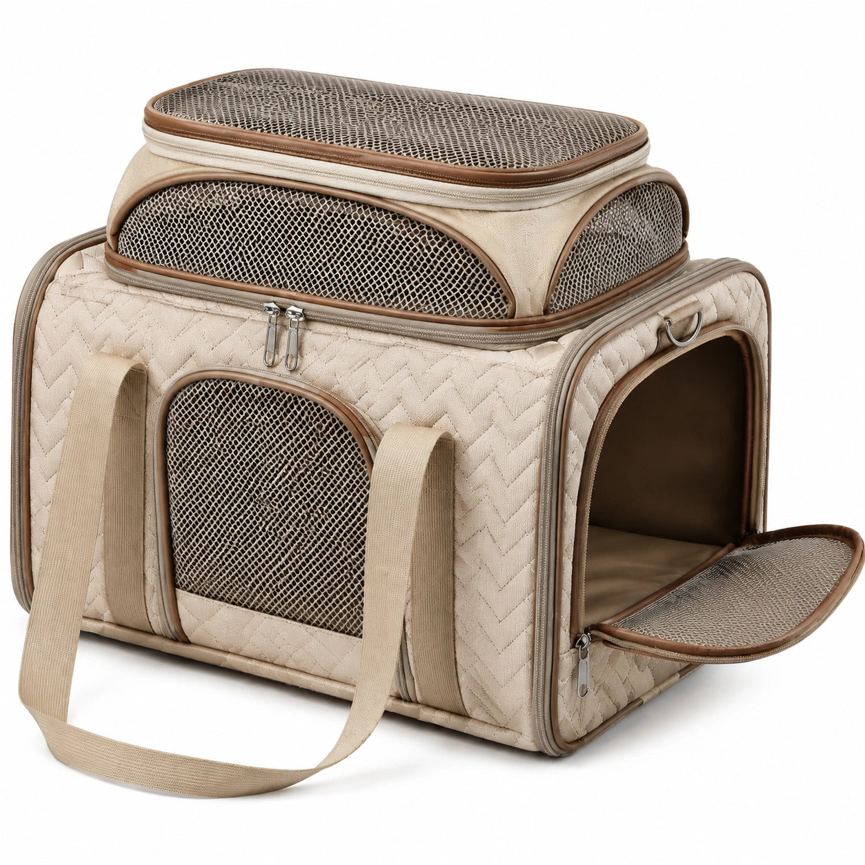 Sac de transport pour animaux 45 x 30 x 35 cm beige et marron en textile matelassé avec aérations