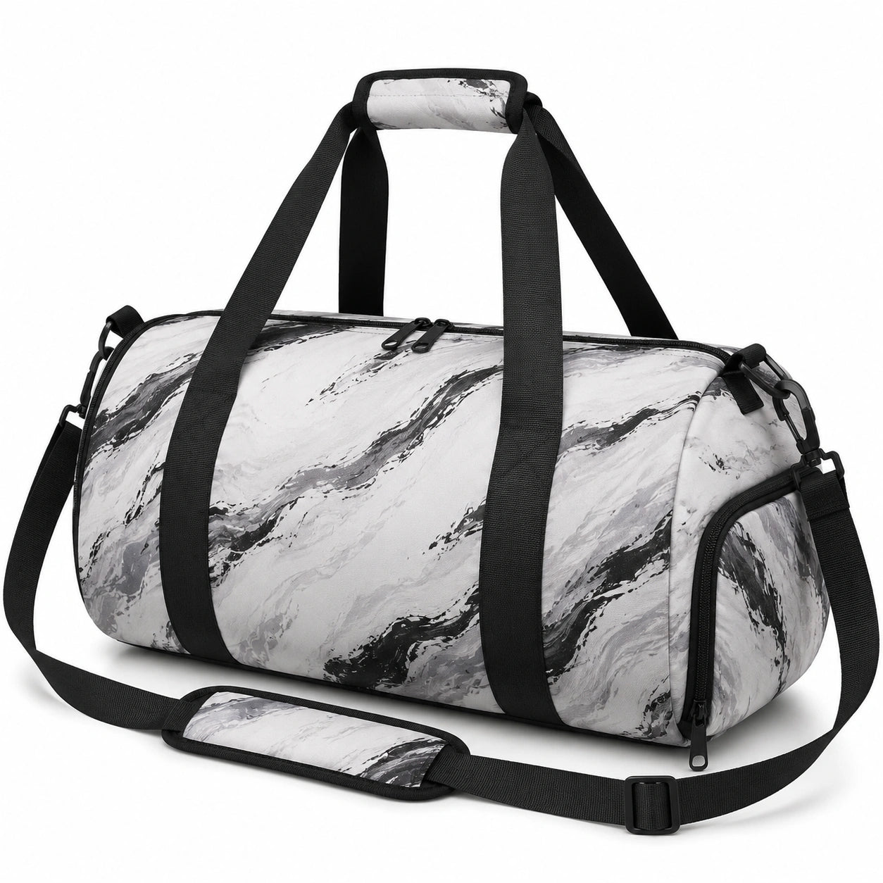 Sac de voyage 50 x 25 x 28 cm en textile synthétique blanc gris noir à motif marbré avec bandoulière