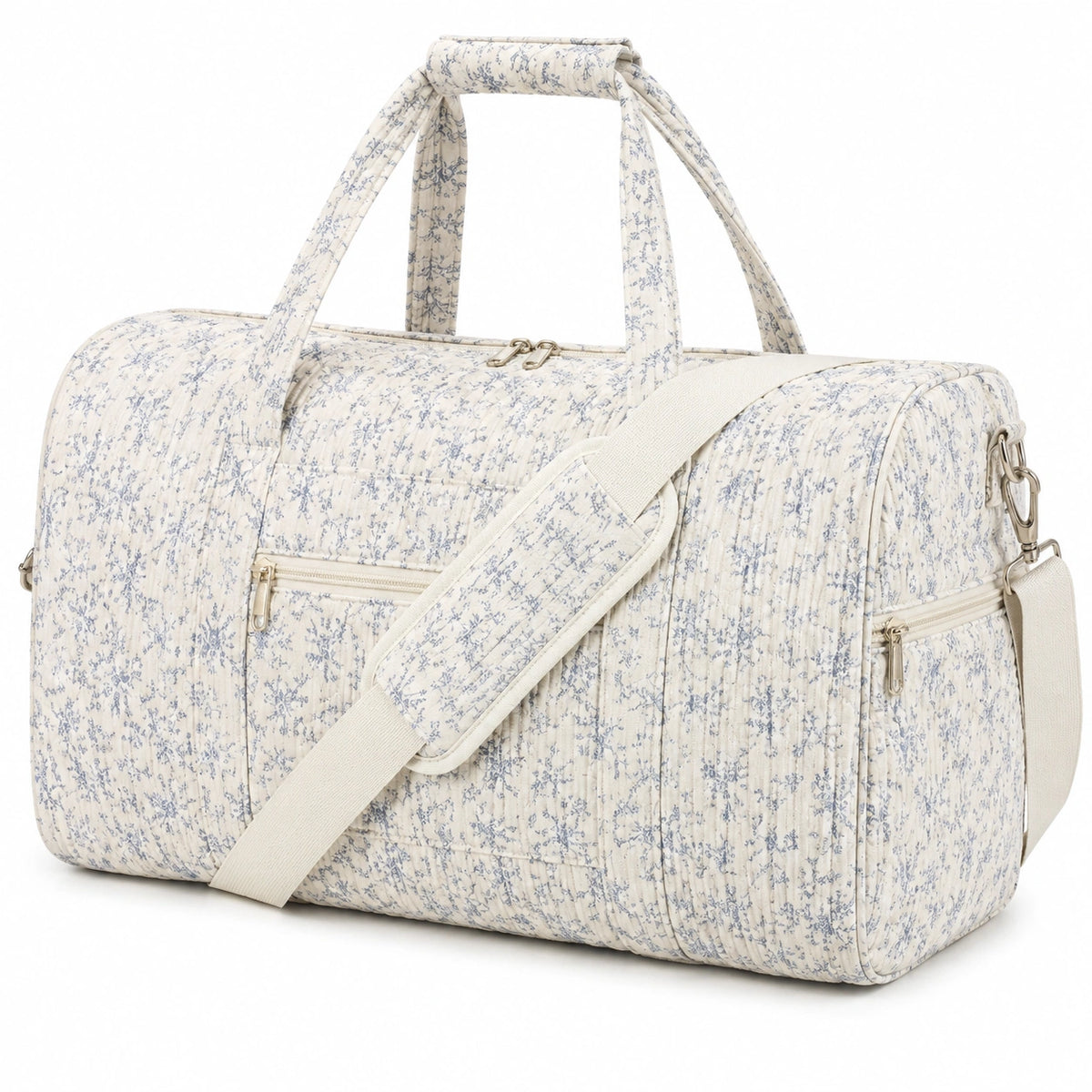 Sac de voyage 45 cm en textile matelassé écru bleu à motif floral avec bandoulière