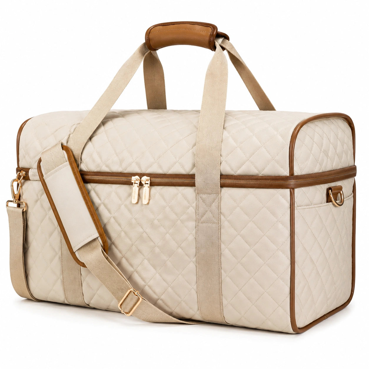 Sac de voyage 50 x 25 x 30 cm textile matelassé beige et marron avec bandoulière réglable