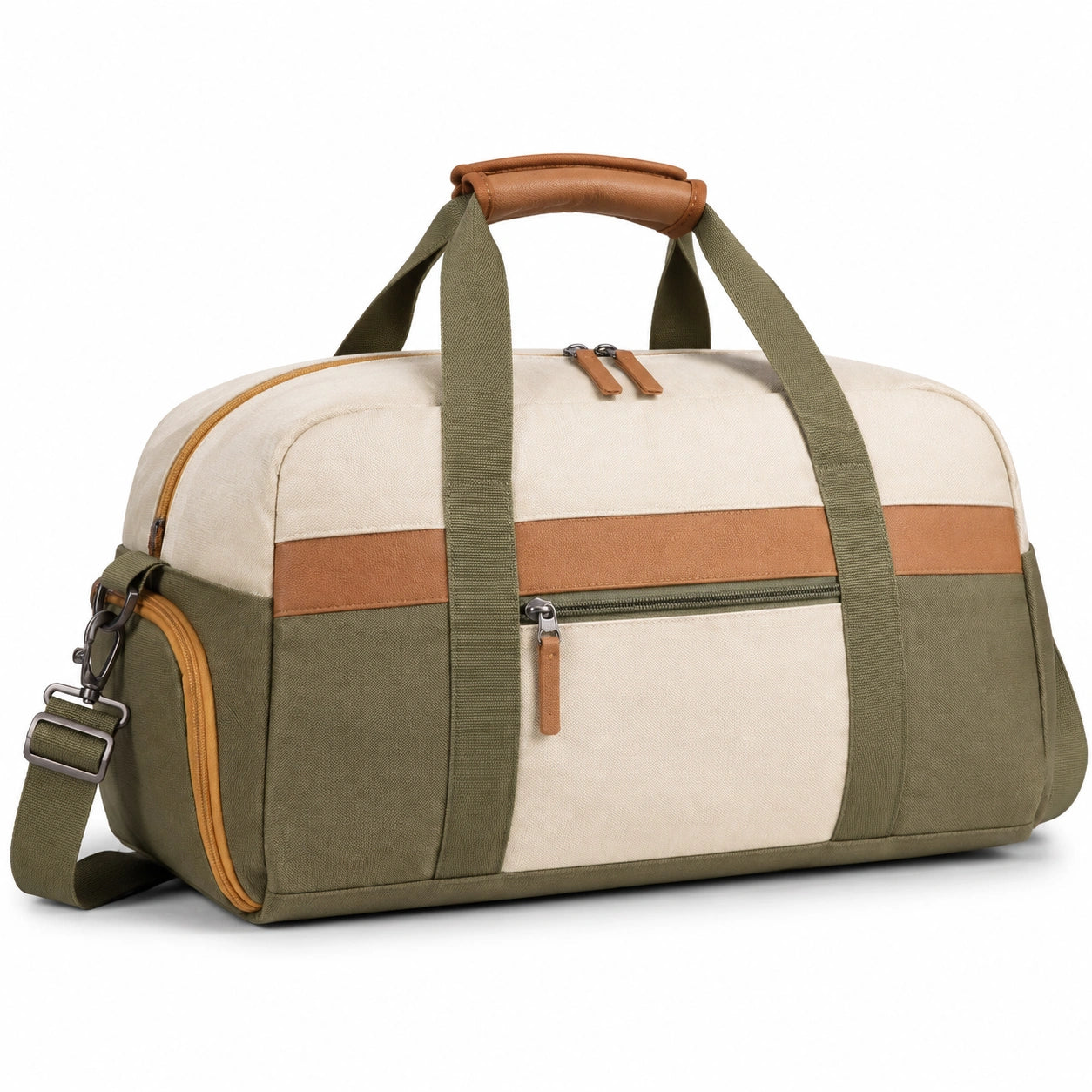 Sac de voyage 50 x 25 x 30 cm en tissu beige vert kaki et marron avec bandoulière réglable