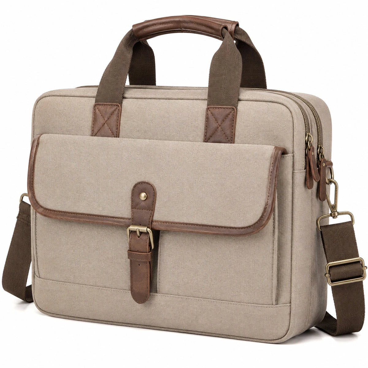Sacoche ordinateur 40 x 10 x 30 cm en tissu beige et similicuir marron avec bandoulière réglable