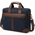 Sacoche pour ordinateur 40 cm en textile bleu marine et similicuir marron avec bandoulière amovible