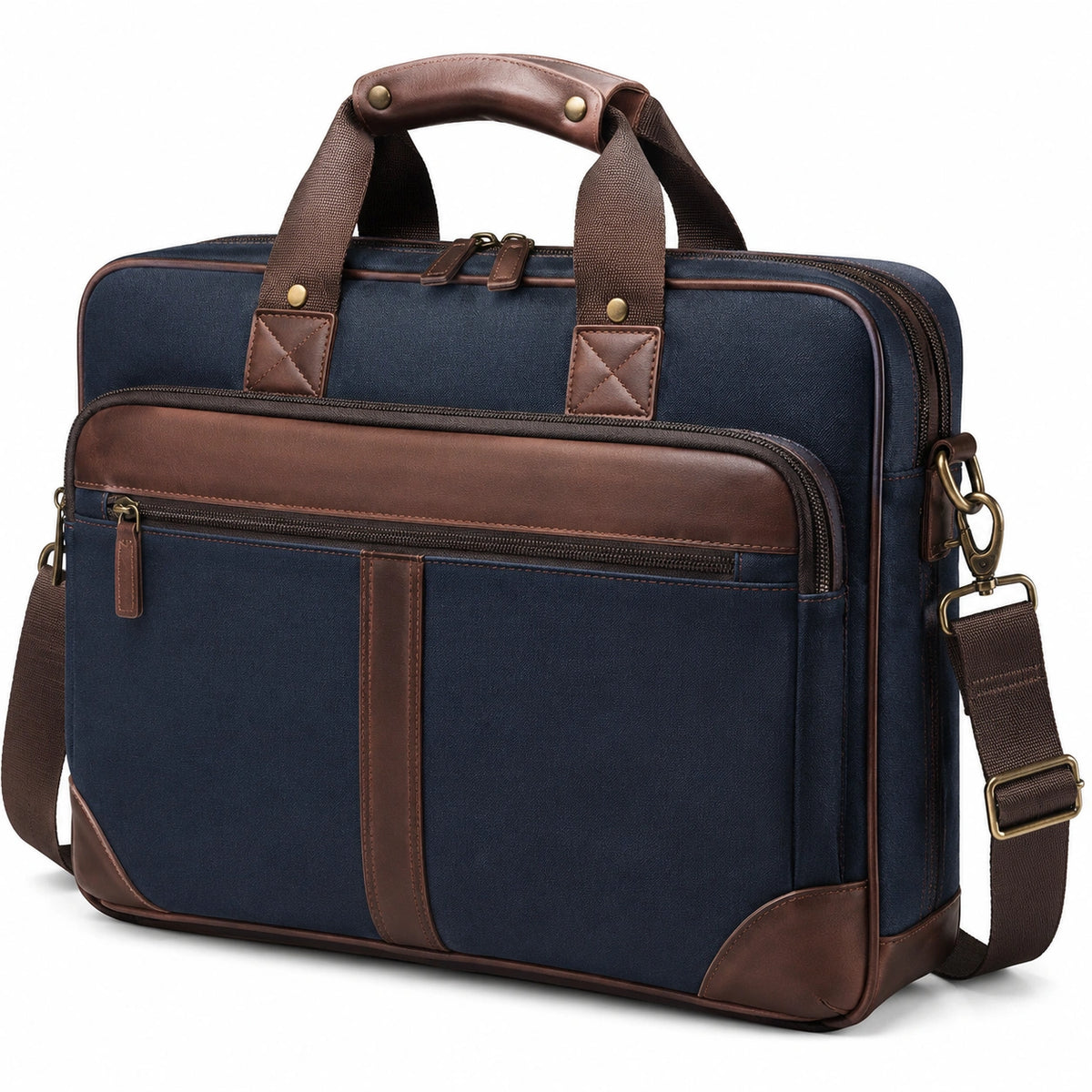Sacoche pour ordinateur 40 cm en textile bleu marine et similicuir marron avec bandoulière amovible